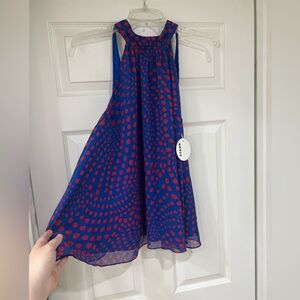 NEW STAUD blue red polka dot pattern chiffon bow mock neck blouse